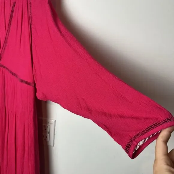 Free People Dress Womens Small Pink Boho Peasant Deep V Long Sleeve Tunic Lace - Picture 2 of 6